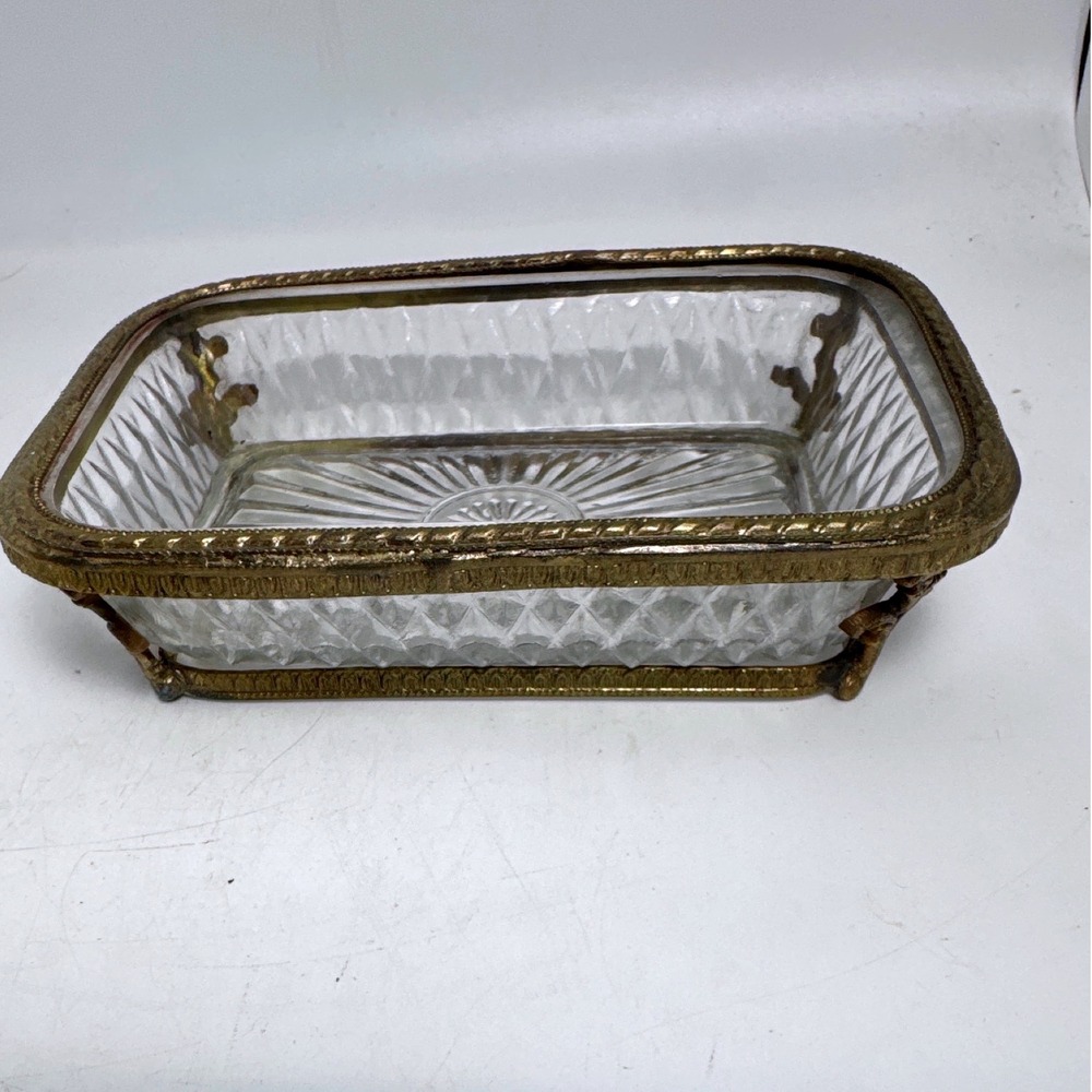 Vintage Crystal Glass Trinket Dish Brass Filigree Frame Gold Rectangular Good 5" - Picture 1 of 11